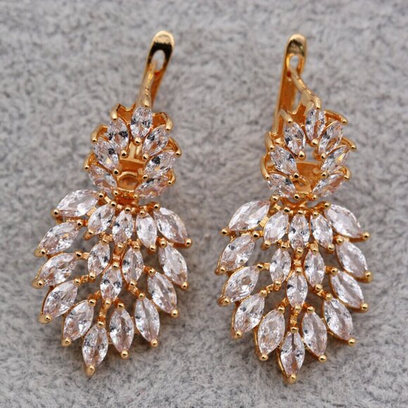 Jewelry - 18K Yellow Gold Filled Multi Layer Flower Leaf Diamond Zircon Earrings Gorgeous